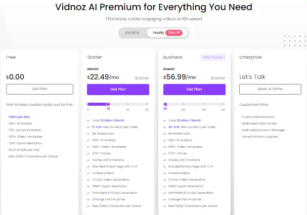 vidnoz ai pricing and plans