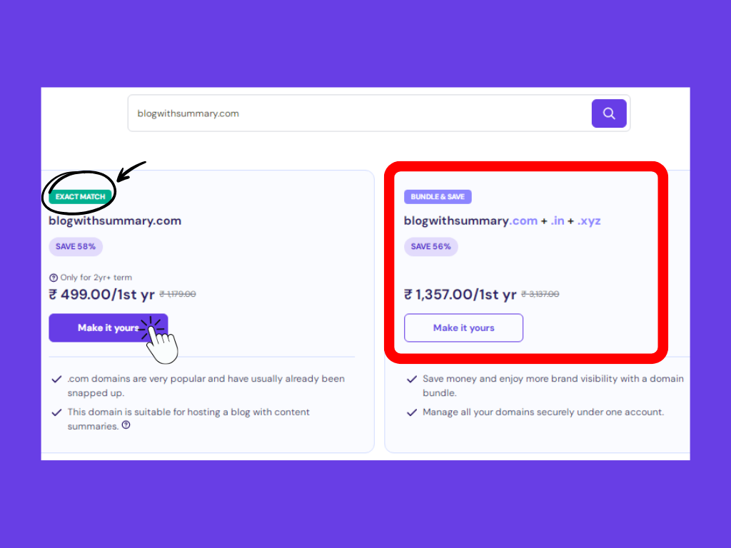 hostinger domain search tool results
