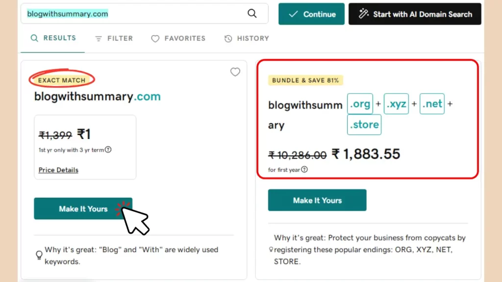 godaddy domain search tool results